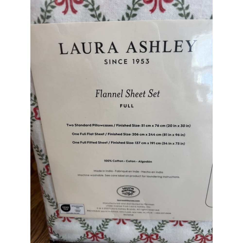 Laura Ashley Full Cotton Flannel Sheet Set Red Bows Lattice‎ Holiday BNIB - Picture 5 of 5